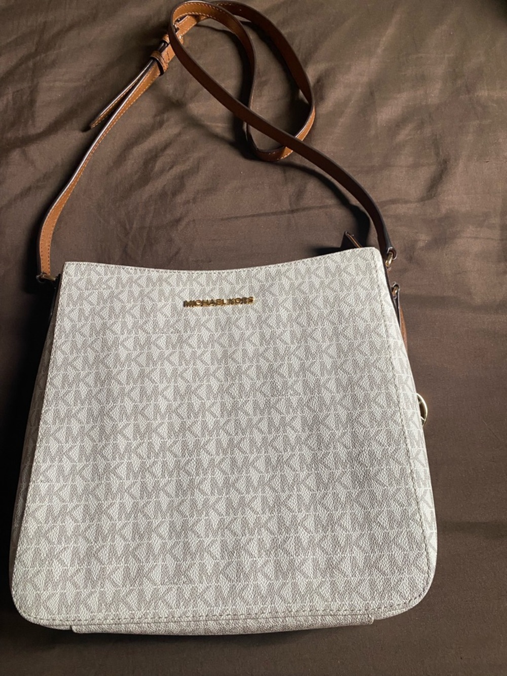 Michael Kors White Logo Crossbody Bag with Brown Strap
